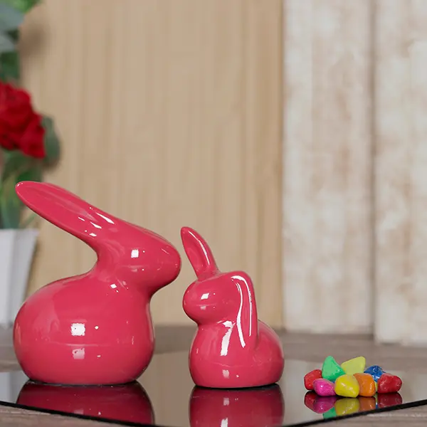 Elegant Rabbit Showpiece Set of 2 – 5.5-Inch Red Polyresin Figurines for Modern Home Decor