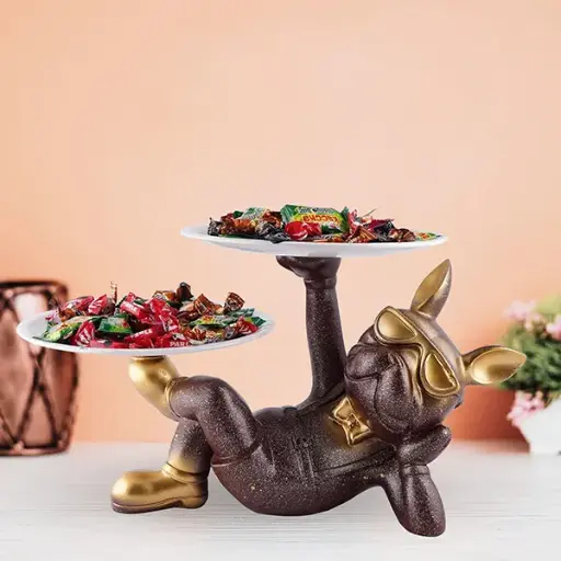 Luxury Bulldog Double Tray Holder – 7” Snack and Candy Organizer – 10” Black and Gold Resin Bulldog Figurine