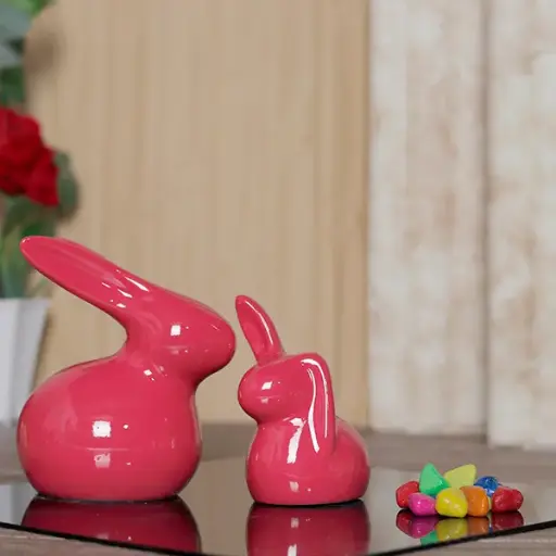 Elegant Rabbit Showpiece Set of 2 – 5.5-Inch Red Polyresin Figurines for Modern Home Decor