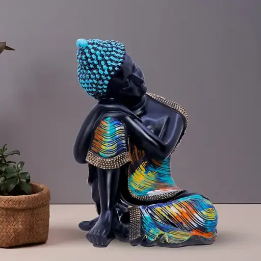 Zen Black Resting Buddha – 16x16x23 cm Elegant Resin Figurine for Spiritual Home Decor