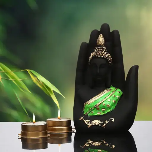 Tranquil Palm Buddha Statue – 7-Inch Green & Black Polyresin Home Decor Accent