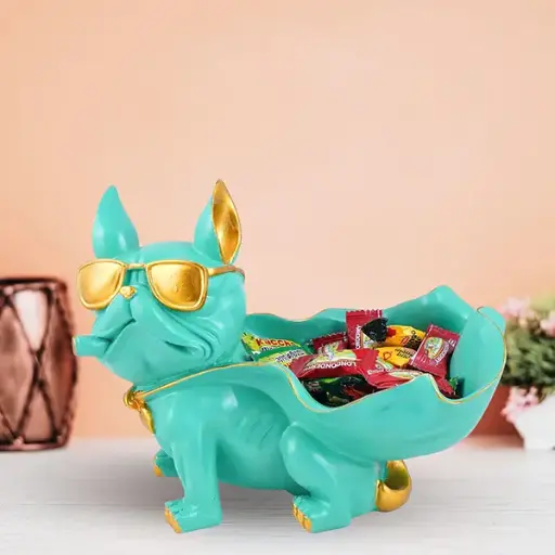 Cool French Bulldog Figurine – 6-Inch Mint Green Resin Candy Holder with Gold Sunglasses