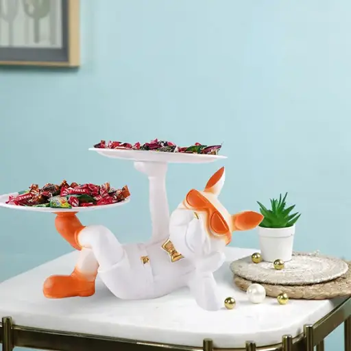 Dual Dish Bulldog Tray – Orange Decor – 7" High