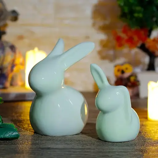 Rabbit Showpiece Set (2 Pcs) – Light Green Polyresin – 5.5 Inch